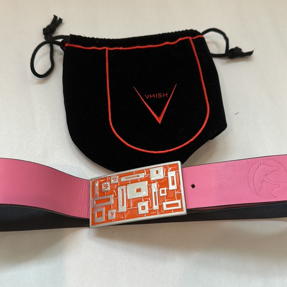 VHISH Pink Fashion Belt with Orange and Silver Retro Abstract Rectangle Buckle